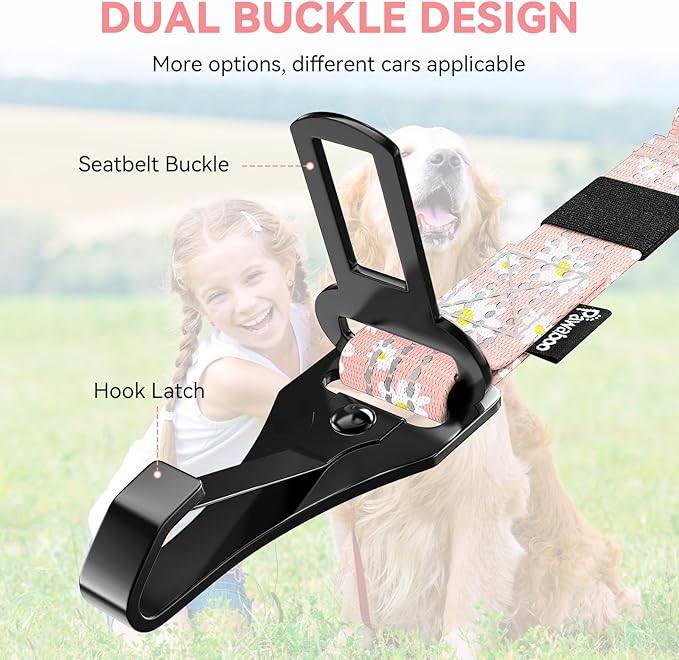 Pawaboo Dog Seatbelt for Car, 3-in-1 Dog Seat Belt Bungee, Shockproof Dogs Tether for Car with Buckle &amp; Hook Latch, Adjustable Reflective Dogs Cars Harness Leash with 360° Lockable Buckle, Light Pink