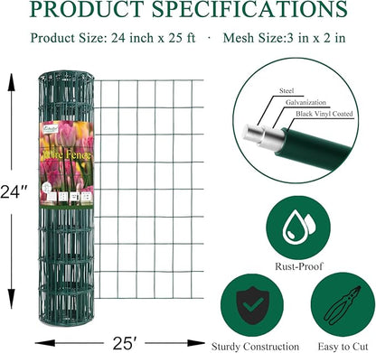 Green PVC Coated Welded Wire Fence 24 Inch x 25 Foot, 2 Inch x 3 Inch 16GA, Garden Border Fencing Roll Vinyl Coating Metal Wire Mesh for Yard Vegetable Plant Protection Poultry Netting