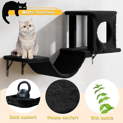 NUNU LAB Wall Mounted Cat Furniture, 6 Pcs Cat Wall Shelves with Condo House, Bridge, Steps, Scratcher, Hammock, Indoor Safe &amp; Stable Furniture for Kittens Play, Black