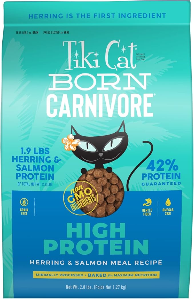 Tiki Cat Born Carnivore High Protein Dry Cat Food, Herring &amp; Salmon Meal, 2.8 lbs. Bag
