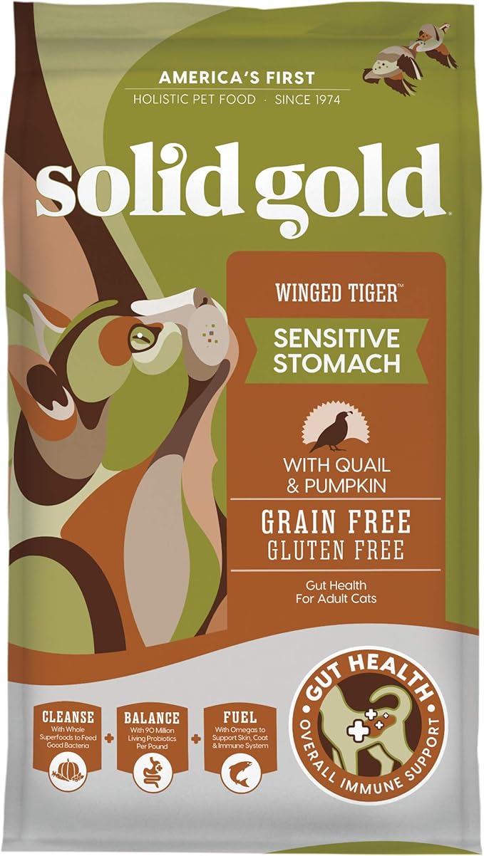 Solid Gold Sensitive Stomach Dry Cat Food - Grain Free &amp; Gluten Free Sensitive Stomach Cat Food for Indoor Adult &amp; Senior Cats - Dry Kibble for Cats w/Quail, Pumpkin &amp; Probiotics for Gut Health - 6lb
