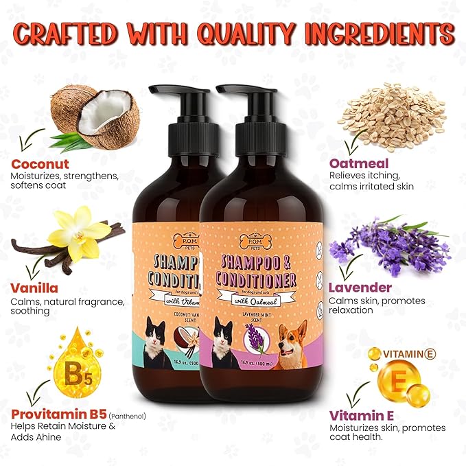 POM Pets 2 Pack 2-in-1 Organic Dog Shampoo &amp; Conditioner – Itchy Skin Relief, Dog Deshedding, Detangles Fur, Cat Shampoo, Paw Cleaner for Dogs, Natural Coat Defense Formula