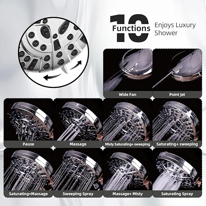 Shower Head,10 Functions High Pressure shower head with handheld, Built-in Pause Mode &amp; 2 Power Wash, Non-Clogging Nozzles High Flow Hand Held Shower Head, Leakproof 6.5ft Hose&amp;Metal Bracket