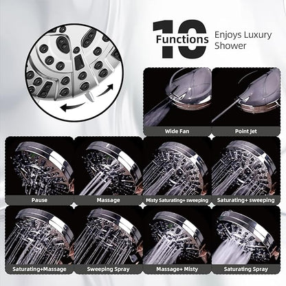 Shower Head,10 Functions High Pressure shower head with handheld, Built-in Pause Mode &amp; 2 Power Wash, Non-Clogging Nozzles High Flow Hand Held Shower Head, Leakproof 6.5ft Hose&amp;Metal Bracket