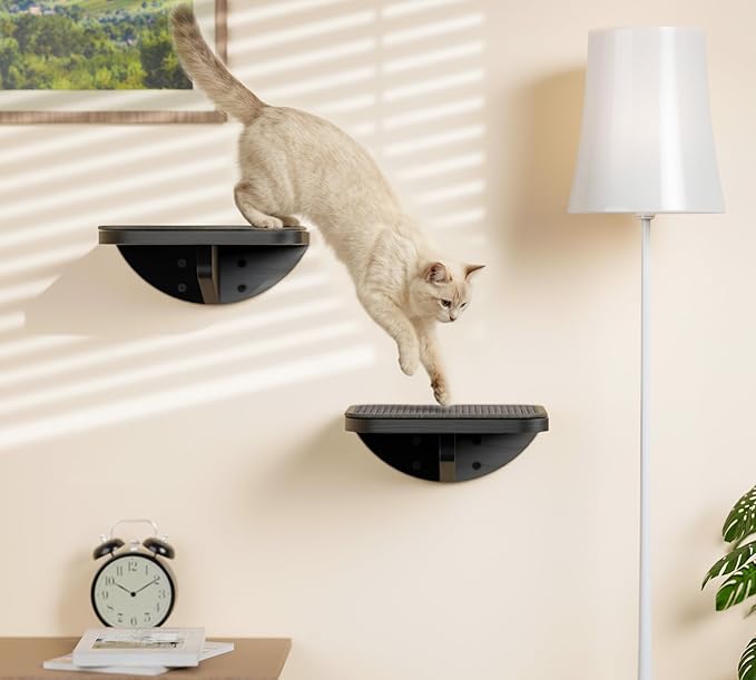 Grey Sisal-Padded Cat Wall Steps (2-Pack), Floating Wooden Cat Perch and Climbing Step Set, Wall Mounted Furniture for Jumping &amp; Play