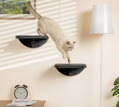 Grey Sisal-Padded Cat Wall Steps (2-Pack), Floating Wooden Cat Perch and Climbing Step Set, Wall Mounted Furniture for Jumping &amp; Play