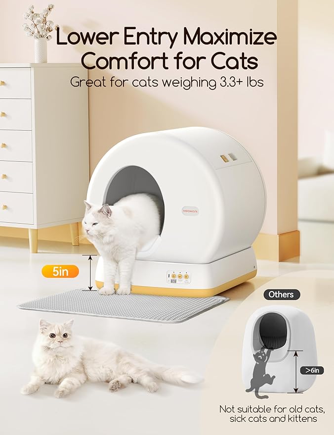 MeoWant Self-Cleaning Cat Litter Box, Advanced Safety System Automatic Cat Litter Box Perfect for Multi Cats, Extra Large/Odor Control/APP Control Smart Cat Litter Box with Mat &amp; Liner, Yellow