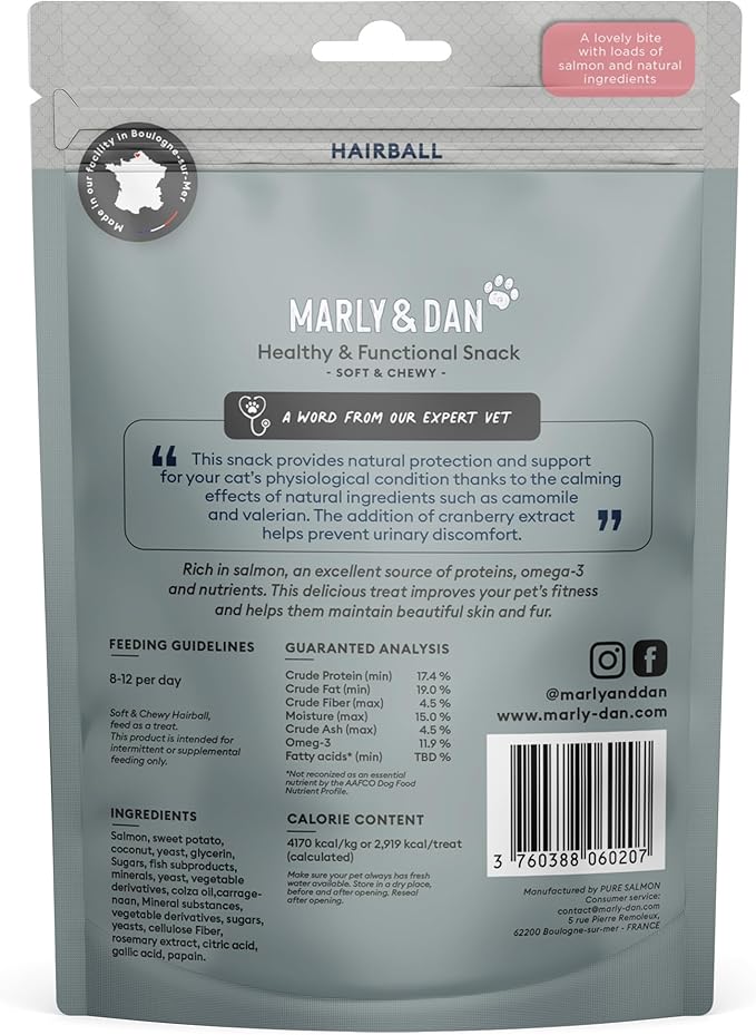 Marly &amp; Dan Salmon Treats for Cats with Brewers Yeast &amp; Coconut, Hairball Recipe, 3-oz Bag