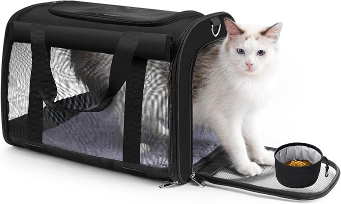 TWDEPART Cat Carrier Backpack - Multifunctional, Firm &amp; Foldable with Roll-Up Shade, Breathable Design Includes Collapsible Bowl &amp; Cushion (Black)