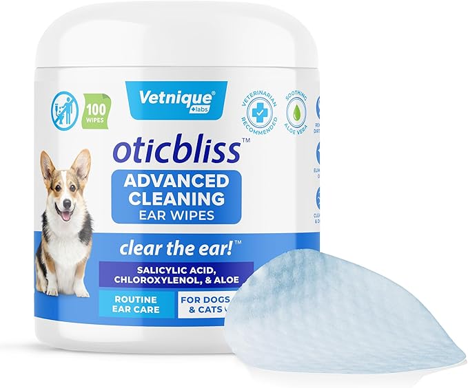 VETNIQUE Oticbliss Advanced Cleaning Ear Wipes for Dogs &amp; Cats for Odor Control, Dirt and Wax Removal with Soothing Aloe Vera, Drying Agent and Vitamin E, Clear the Ear 100ct Wipes