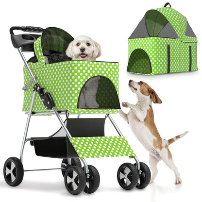 Magshion Foldable Pet Stroller, 3-in-1 Dog Travel Jogger with Detachable Carrier, Cup Holder, Storage Basket, Folding Carrier for Small/Medium Dogs &amp; Cats Up to 33 lbs, Lawn Green Polka Dots
