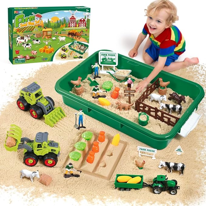 FRUSE Play Sand Farm Toys,Sensory Bins for Toddlers with 2.2lbs Sensory Play Sand,Farm Figures &amp; Tractor Playset,Sandbox Toys for Kids 3 4 5 6 7