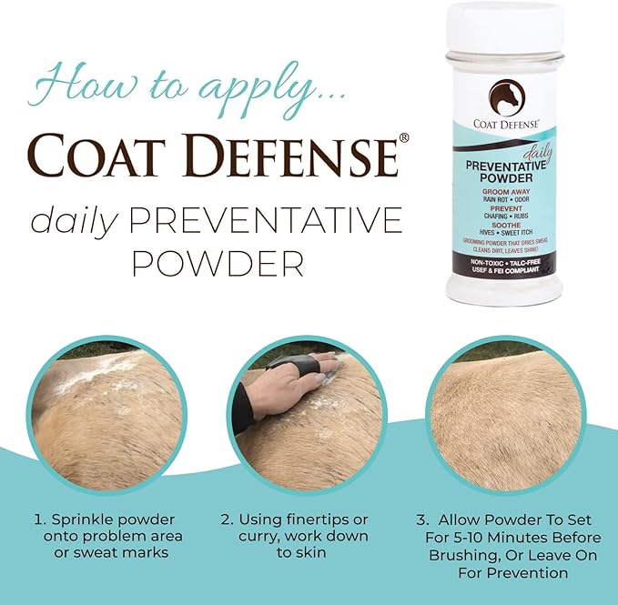 Coat Defense Daily Preventative Powder for Horses - Safe &amp; Effective Equine Sweet Itch, Skin Funk, Scratches, &amp; Rain Rot Treatment - Dry Shampoo for Horses, 8 oz Formula with All Natural Ingredients