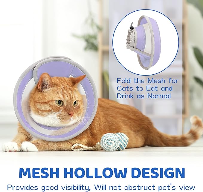 Breathable Air Mesh Cat Cone Collar Soft to Stop Licking, Adjustable, Foldable Lightweight Kitten Cones After Surgery Recovery for Cats &amp; Kittens (Light Purple,L)