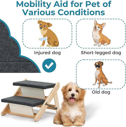 MEWANG Wood Pet Stairs &amp; Ramp for Small/Medium Dogs and Cats, Aging Pets – 3-in-1 Foldable, Portable, Non-Slip Pet Ladder for Tall Beds, Couches,Cars–Holds Up to 220 lbs (17.3" L x 17.2" W x 13.0" H)
