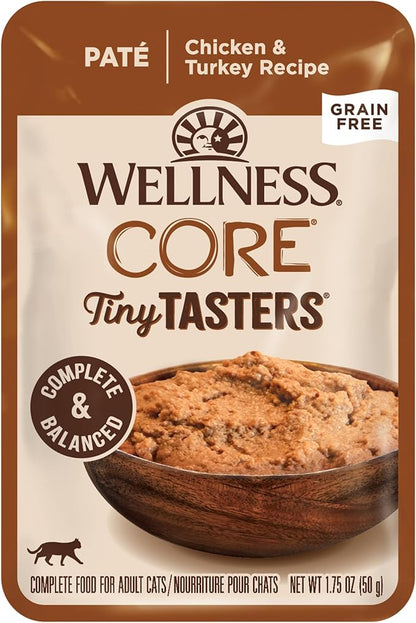 Wellness CORE Tiny Tasters Pate Adult Wet Cat Food, Natural, Protein-Rich, Grain Free, 1.75 Ounce Pouch, 12 Pack (Chicken &amp; Turkey)