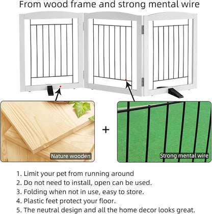 ZJSF Freestanding Dog Fence Indoor, Foldable Dog Gate for Doorways, Stairs or Hallways, Sturdy Wood Extra Wide Pet Gate with Support Feet for The House, White, 32 "Height-3 Panels