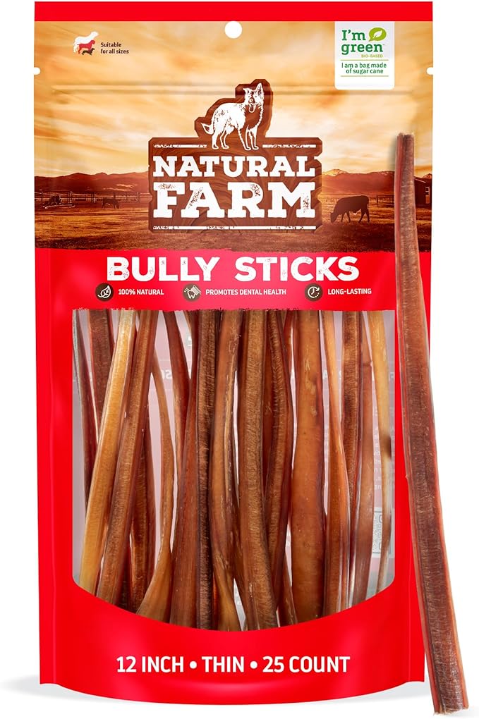 Natural Farm Odor-Free Thin Bully Sticks (12”, 25-Pack) All-Natural Long-Lasting Dog Chews, 100% Beef Pizzle, Grass-Fed, Grain-Free, Protein for Muscle Development &amp; Energy, Perfect for Large Dogs