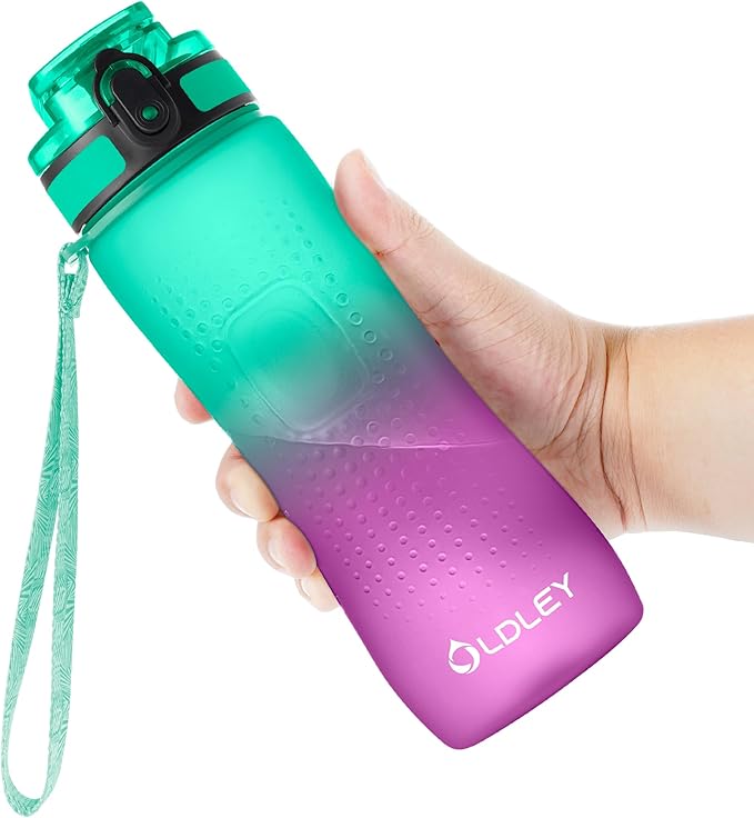 OLDLEY 25 oz Water Bottle, Motivational Water Bottle with Time Marker, Sports Water Bottle With Strap, Leakproof &amp; BPA Free Large Water Bottles for School, Gym, Travel, Outdoor, Tritan,Green&amp;Purple