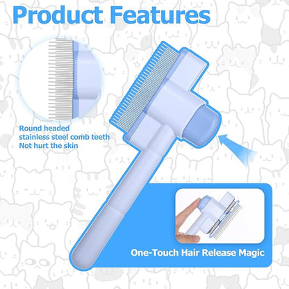 Zen Brush for Cats: Cat Flea Comb &amp; Dematting Comb for Cats - Self-Cleaning Pet Hair Removal Tool with Long &amp; Short Stainless Steel Teeth, Blue Pink