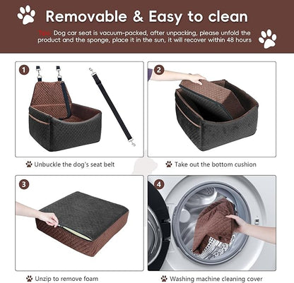 Dog Car Seat for Small Medium Dogs, Soft Fabric Dog Booster Seat with Storage Pockets, Safety Belt, Comfy Pet Car Seat Travel Bed, Removable and Washable