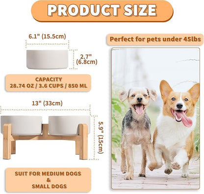 Elevated Ceramic Dog Bowl Set - Raised Dog Bowls with Non-Slip Bamboo Stand - Dog Food and Water Bowl Set - Double Dog Feeding Bowls - Suitable for Small and Medium Dogs - 28.74 OZ - 3.6 CUPS - 850 ML