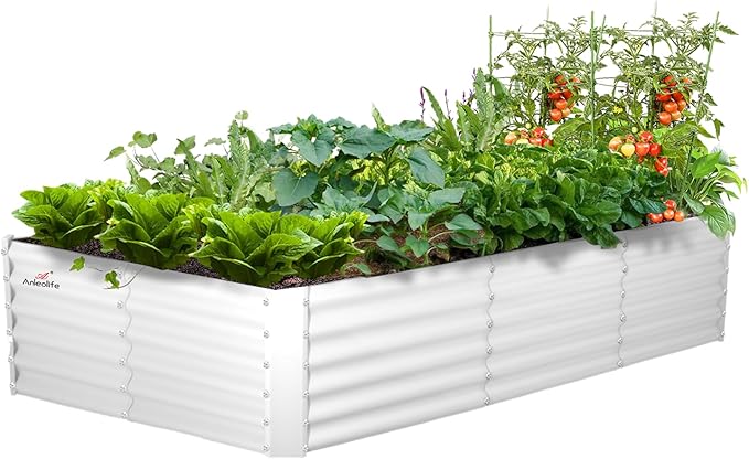 A ANLEOLIFE 8X4X1.5 ft Galvanized Raised Garden Bed, Rectangle Above Ground Modular Metal Planter Boxes Outdoor for Vegetables Flowers Herbs, Anti-Rust &amp; Easy-Setup, Antique White