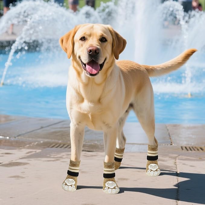 PUPTECK Non-Slip Dog Socks to Prevent Licking Paws, Double Sides Dog Boots &amp; Paw Protectors Booties Traction on Hardwood Floors Hot Pavement with Grippers, for Small Medium Large Senior Dogs, Khaki L