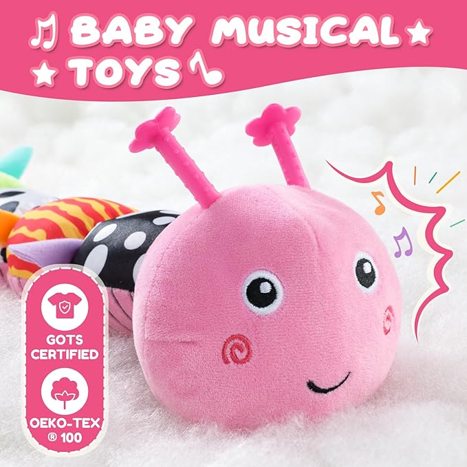 Baby Toys 0-6-12 Months,Musical Caterpillar Stuffed Animals Activity Infant Toys with Crinkle,Rattles,Mirror&amp;Pull String,Muti-Sensory Toys Gifts for Newborn Tummy Time,Candy Pink|Leafy
