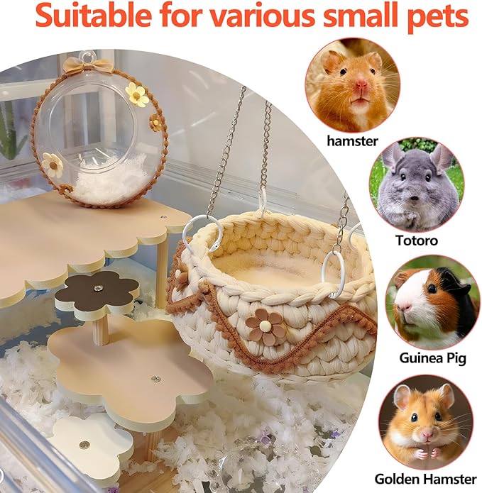 4-Pack Wooden Rat Cage Accessories - Platforms, Ladders &amp; Hammocks Set for Chinchillas, Hamsters, Gerbils (for Iron/Wooden, Acrylic Hamster Cages + Customizable Layout) (9.1x5.6x4.3)