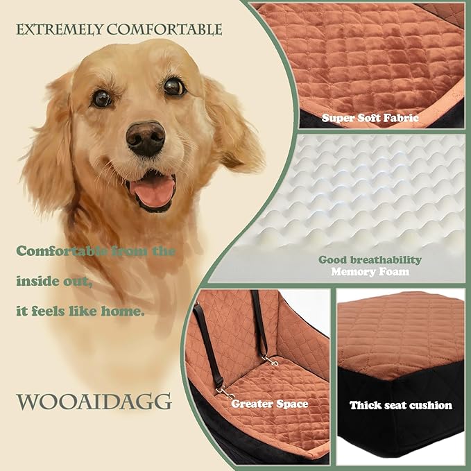 Dog Car Seat for Medium Sized Dog,Pet Travel Car Bed with Seat Belt Channle,Fully Detachable and Washable Car Dog Seat with Adjustable Straps,3 Straps Easy to Install (Black/Brown)