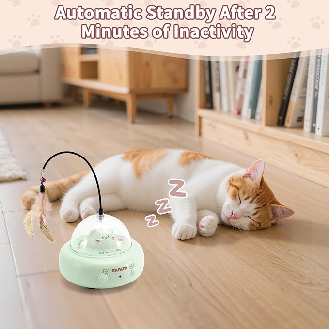 Automatic Cat Toys with Feathers, Interactive Cat Toy for Indoor Exercise, Rechargeable Teasing Toys for Indoor Cats, USB Powered, Smart Standby&amp;Obstacle Avoidance(Green)