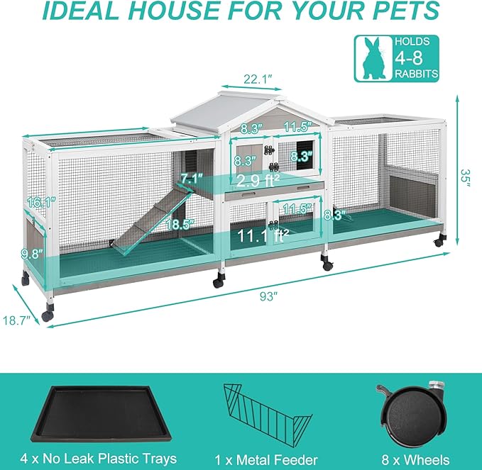 2-Tier Rabbit Hutch with Wheels, Indoor &amp; Outdoor Small Animal Cage with Deep Pull-Out Tray, Anti-Chew Frame, Habitat for Bunny, Guinea Pig, Chinchilla (93" L x 19" W x 35" H)