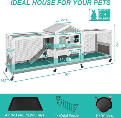 2-Tier Rabbit Hutch with Wheels, Indoor &amp; Outdoor Small Animal Cage with Deep Pull-Out Tray, Anti-Chew Frame, Habitat for Bunny, Guinea Pig, Chinchilla (93" L x 19" W x 35" H)
