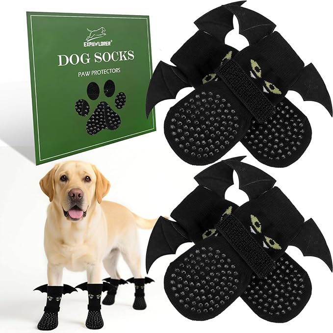 EXPAWLORER Halloween Anti Slip Dog Socks to Prevent Licking Paws, Boots &amp; Paw Protectors with Grippers,Doggie Booties for Hardwood Floors for Small Medium Large Senior Dogs Costume Black Devil Wings L