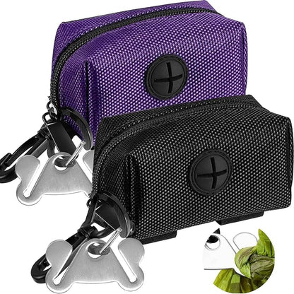 Dog Waste Bag Dispenser Pet Poop Bags Holder for Doggie Waste Bags Dispensers Soft Fabric Zipper Small Doggy Puppy Pouch for Leash Accessory Attachment with Carrier,2PCS Purple&amp;Black