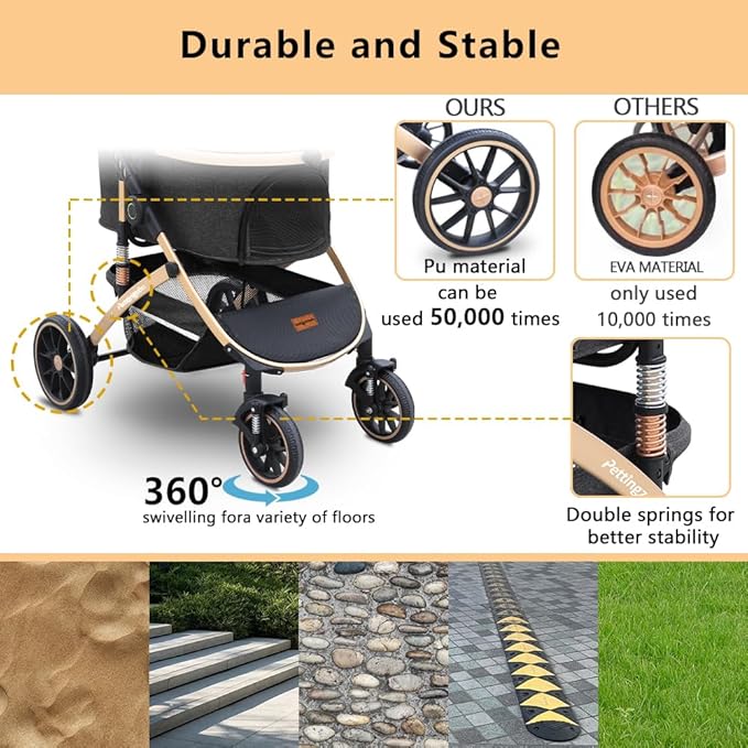 Pettingzoo Dog stroller with 4 Wheels, Folding Cat Stroller for Small/Medium/Large dogs &amp; cats to 60 lbs, pet stroller with removable carrier, Storage Basket,Cup Holder,3 in1 Multifunctiona Detachable
