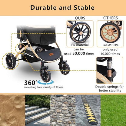 Pettingzoo Dog stroller with 4 Wheels, Folding Cat Stroller for Small/Medium/Large dogs &amp; cats to 60 lbs, pet stroller with removable carrier, Storage Basket,Cup Holder,3 in1 Multifunctiona Detachable