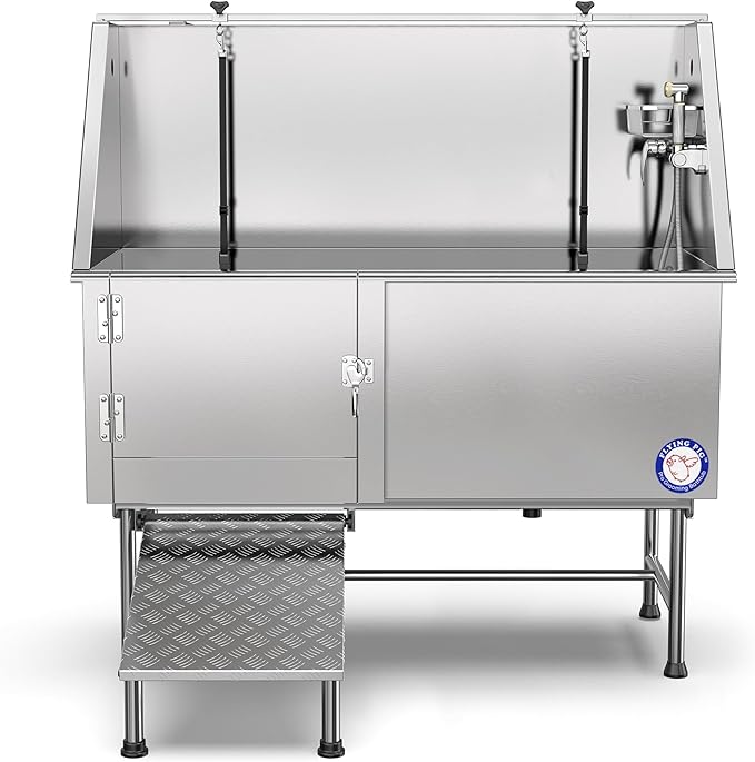 Flying Pig 62" Stainless Steel Pet Dog Grooming Bath Tub with Walk-in Ramp &amp; Accessories (Left Door/Right Drain)