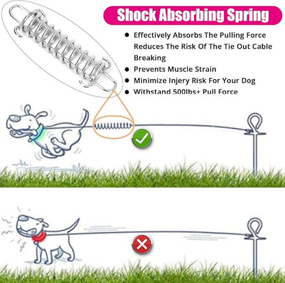 Jenico Dog Tie Out Cable - 10/15/20/30/40/50/70/100/150FT Runner Cable with Swivel Hook and Shock Spring, Leash Tether for Yard, Outdoor and Camping, for Small to Medium Pets Up to 500 LBS