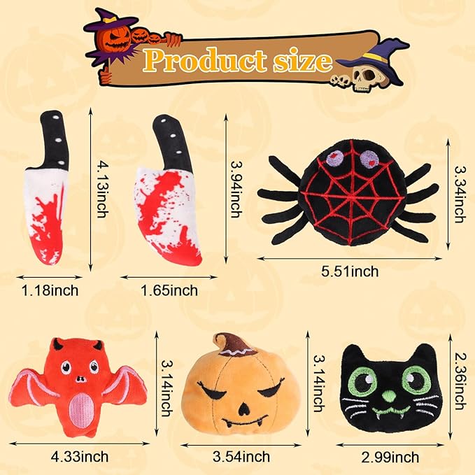 LOMIMOS 6Pcs Halloween Catnip Toys,Cat Toys Chew Bite Plush Toy with Crinkle Paper Kitten Pumpkin Spider Bat Knife for Indoor Interactive Play &amp; Exercise