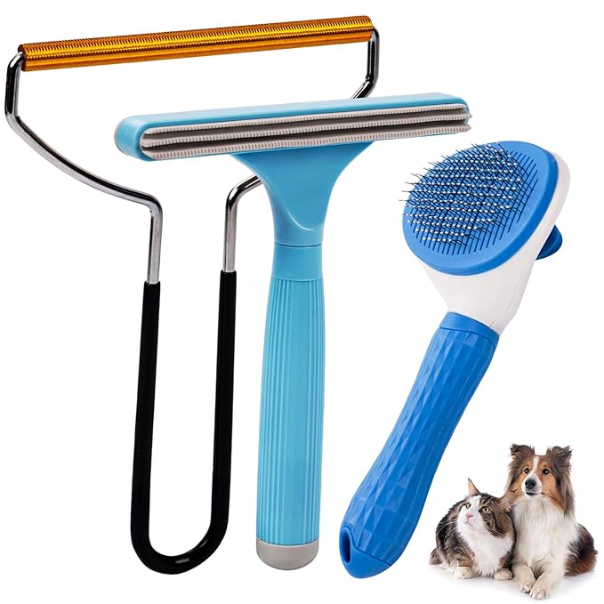 3 in 1 Analan Cat Brush Pet Hair Remover for Dog &amp; Cat, Self-Cleaning Slicker Brush for Pet Grooming, Perfect Pet Hair Removal Tool for Furniture Carpets Couches and Bedding (Sky Blue)