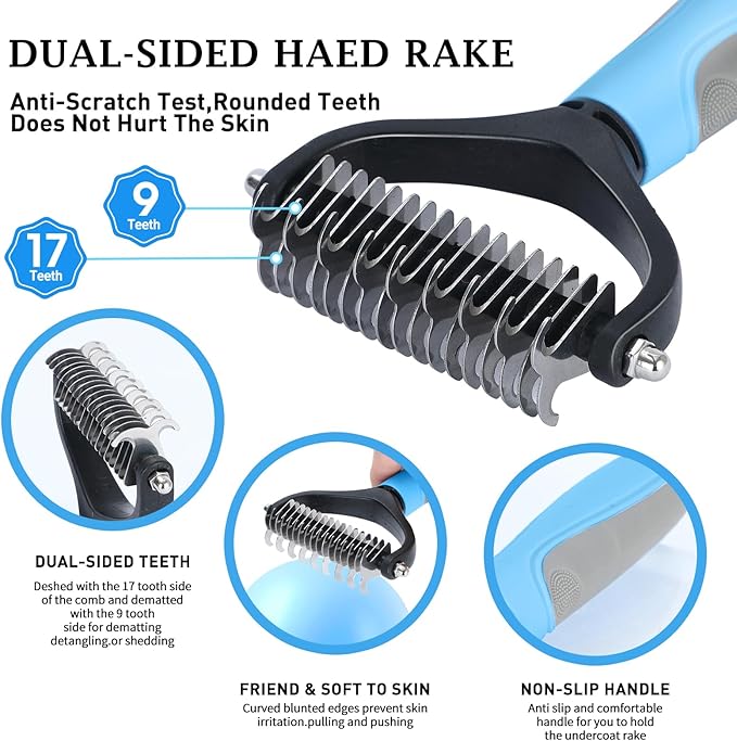 5 PCS Dog Grooming Brush Kit – Self Cleaning Slicker Brush for Shedding Short &amp; Long Haired Dogs &amp; Cats. Removes Loose Fur, Undercoat, Mats, Tangles. Suit for Small, Medium &amp; Large Pets. Blue
