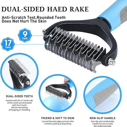 5 PCS Dog Grooming Brush Kit – Self Cleaning Slicker Brush for Shedding Short &amp; Long Haired Dogs &amp; Cats. Removes Loose Fur, Undercoat, Mats, Tangles. Suit for Small, Medium &amp; Large Pets. Blue