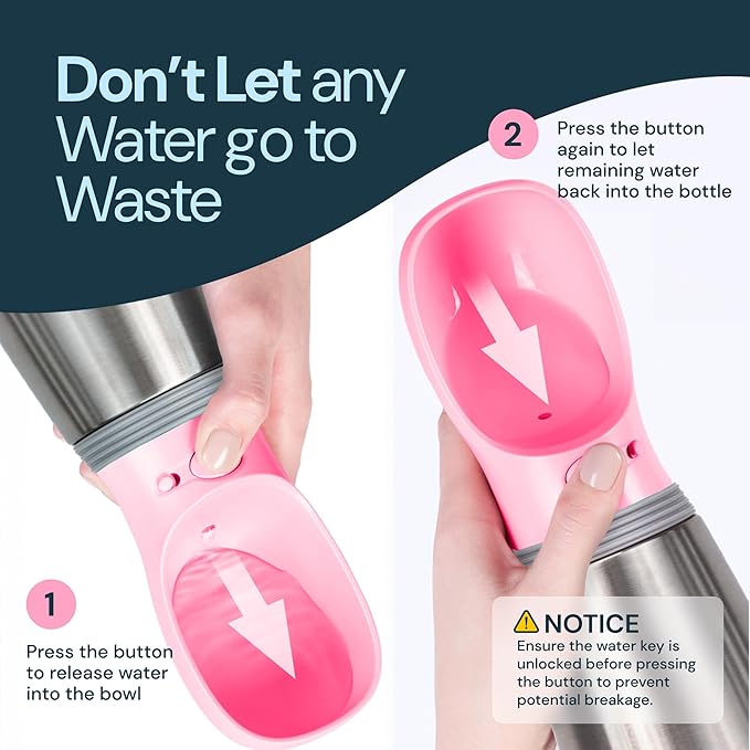 MalsiPree Insulated Dog Water Bottle - 24 Oz, Pink - Leak-Proof Stainless Steel Portable Travel Dispenser &amp; Bowl