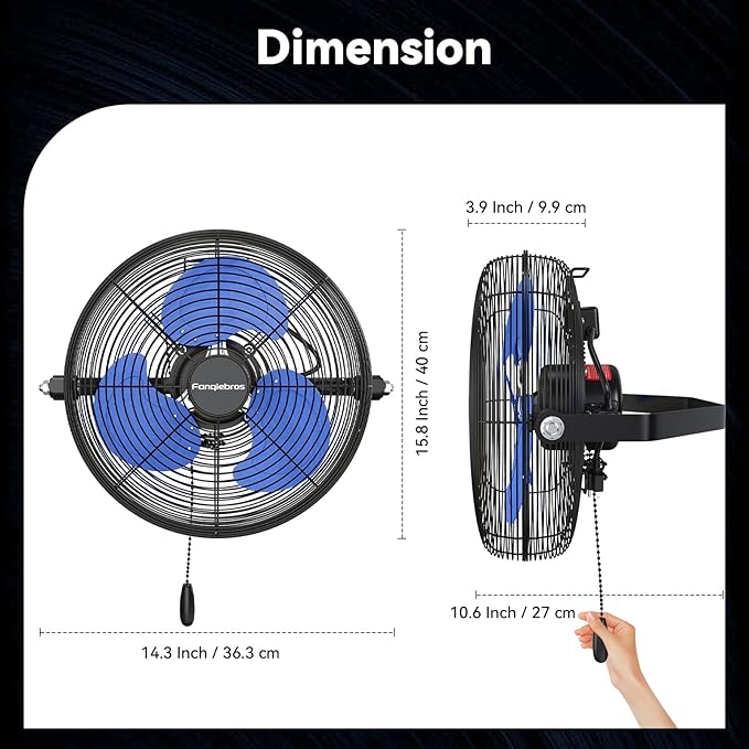 12 IN High Velocity Wall Mount Fan, 3 Speed Industrial Wall Fan with Sealed Motor, 2500 CFM Adjustable Air Circulator for Garage, Commercial, Greenhouse, Warehouse &amp; Gazebo Use, UL Listed