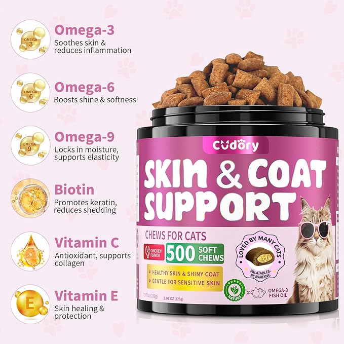 Natural Skin and Coat Support for Cats - Crunchy &amp; Creamy Chews with Omega 3, Biotin &amp; Vitamin E for Healthy Skin, Shiny Fur, Cat Supplements &amp; Vitamins -Chicken（500 Chews
