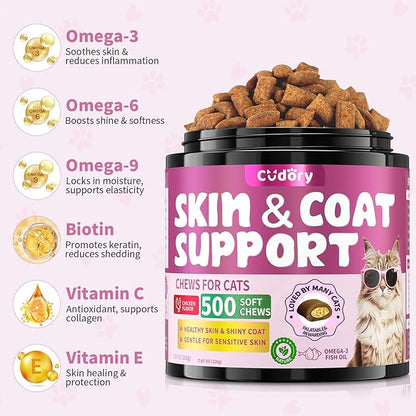 Natural Skin and Coat Support for Cats - Crunchy &amp; Creamy Chews with Omega 3, Biotin &amp; Vitamin E for Healthy Skin, Shiny Fur, Cat Supplements &amp; Vitamins -Chicken（500 Chews