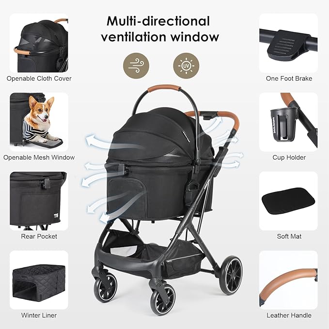 T6 Luxury Pet Stroller for Medium Dogs Up to 66lbs or 2 Small Pets – 3-in-1 Dog &amp; Cat Stroller with Removable Carrier, Foldable &amp; Lightweight (Black)
