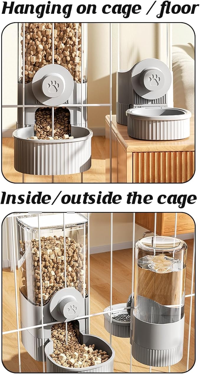 GPY Automatic Hanging Gravity Pet Feeder and Water Dispenser Set ，Automatic Dog Feeder and Dog Water Dispenser for Dogs Cats Pets Animals Large Capacity (Blue Water Feeder&amp;Food Feeder) (Grey)